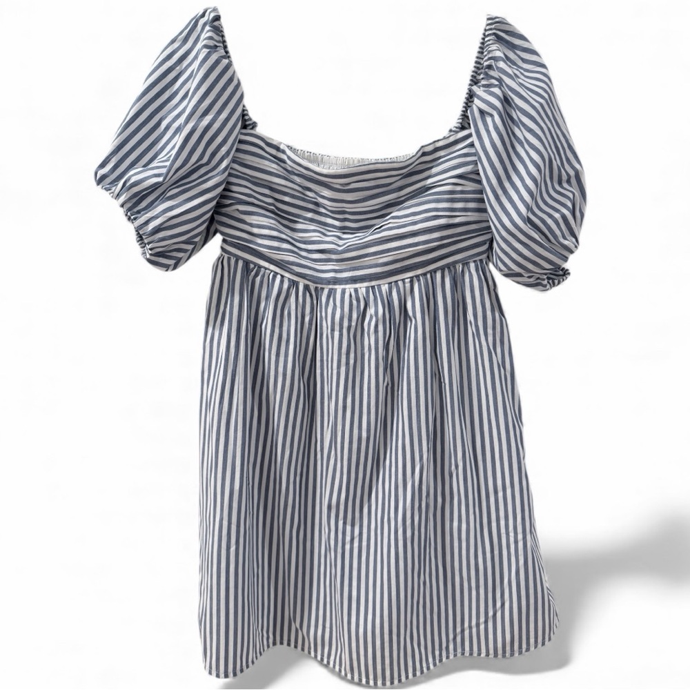 Abercrombie Emerson mini dress blue white striped puff sleeve off shoulder dress
